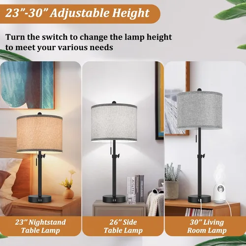 Miniatura 5 de Kondras Table Lamps for Bedroom Set of 2, 23''-30'' Adjustable Height Bedside Lamps with 2 USB Ports, Black Nightstand Lamps with Grey Linen Shade