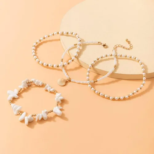 Miniatura 3 de RINHOO Juego de tobilleras de playa de concha bohemia en capas, pulseras de tobillo de perlas, cadena de tobillo de concha dorada, cadena de pie
