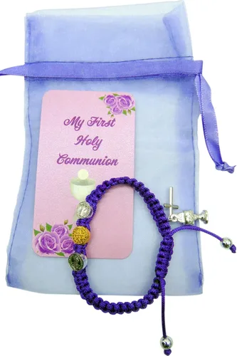 Miniatura 2 de Westmon Works Juego de pulseras para la primera comunión para niñas, color morado, con dijes de San Benito, macramé, ajustable, accesorios