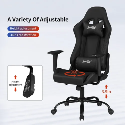 Miniatura 8 de Silla de oficina para videojuegos, silla de escritorio con soporte lumbar, reposacabezas y reposabrazos, giratoria, ergonómica, para deportes Negro