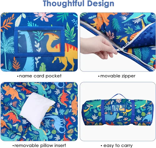 Miniatura 3 de Colchoneta portátil para siesta para niños con almohada extraíble y manta para niñas y niños, saco de dormir ligero extra grande para preescolar
