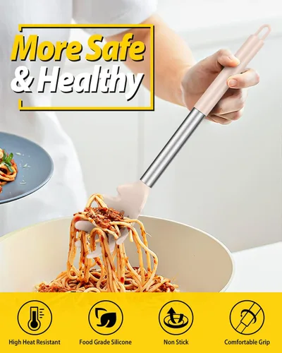 Miniatura 3 de Juego de tenedor y cucharón de silicona para pasta, utensilios de cocina grandes antiadherentes para cocinar, agitar, servir espaguetis, sopa, salsa