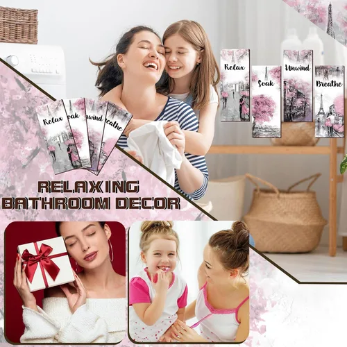 Miniatura 6 de Gerrii 3 Piezas de Decoración de Baño Rosa y Gris Decoración de París Relajarse Remojarse Desconectar Respirar Arte de Pared de Granja Baño Boda