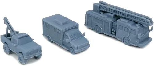 Outland Models Juego de camiones de rescate de paisajes de ferrocarril: Camión de incendios/ambulancia/remolque Escala 1:160 N