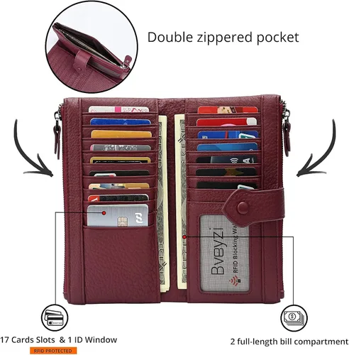 Miniatura 4 de Billeteras delgadas de cuero suave con bloqueo RFID para mujer, tarjetero de crédito con doble bolsillo con cremallera