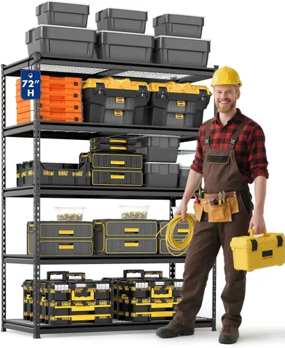WORKPRO Estantería de metal resistente de 5 niveles, 72 pulgadas de alto x 48 pulgadas de ancho x 24 pulgadas de profundidad, estante de Negro