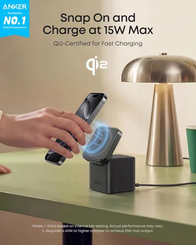 Miniatura 2 de Anker Cargador inalámbrico de cubo 3 en 1, estación de carga compatible con Qi2 MagSafe, soporte de carga rápida plegable de 15 W para iPhone 17/16