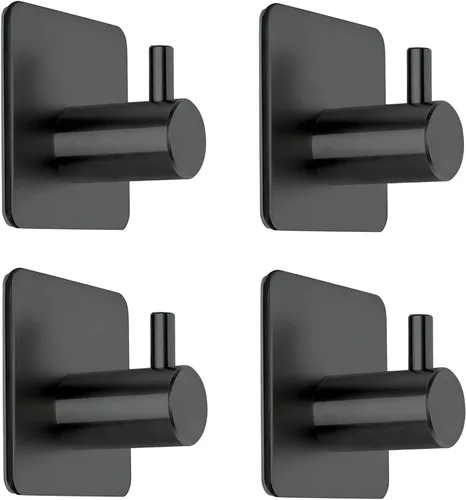Fotosnow Ganchos adhesivos negros para toallas, ganchos de pared resistentes para puerta de baño, cocina, paquete de 4 unidades