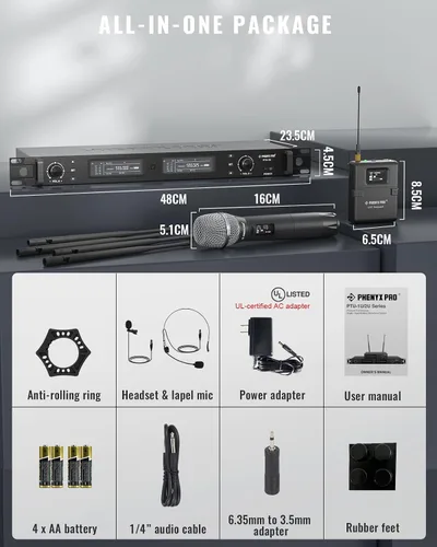 Miniatura 7 de Phenyx Pro Sistema de micrófono inalámbrico, set de micrófonos inalámbricos dual True Diversity con micrófonos de mano/bodypack/auricular/solapa