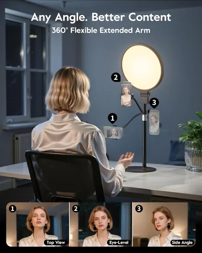 Miniatura 5 de Anillo de luz de 1300 lúmenes con soporte para escritorio, computadora y laptop, luz de podcast y transmisión con soporte flexible para teléfono
