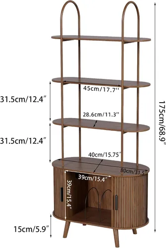 Miniatura 2 de Soporte Alto para Tocadiscos de Vinilo, Estantería de 4 Niveles con Puertas Corredizas, Gabinete Retro Pequeño para Almacenamiento de Discos