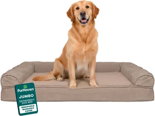 Furhaven - Cama ortopédica para mascotas para perros y gatos, tipo sofá de piel sintética y lino de rendimiento duradero con funda extraíble
