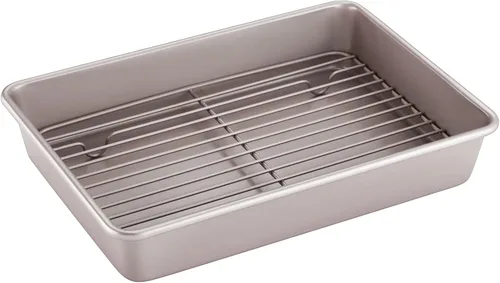 CHEFMADE Bandeja para asar con rejilla, bandeja honda rectangular antiadherente de 13 pulgadas para hornear en horno-parrilla, 9" x 13" x 2.4"