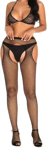 Brasier de malla con diamantes de imitación brillantes y mallas de cintura alta pantalones de asiento abierto malla con agujero para mujer color