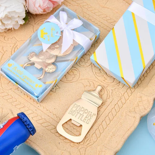 Miniatura 4 de Abrebotellas de bebé, 24 piezas, llavero con huella de oso y niño, abrebotellas con caja de regalo azul, recuerdos de fiesta de baby shower