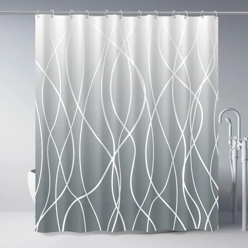 Miniatura 22 de Juego de cortinas de ducha azul egeo para baño con ganchos, cortinas de baño decorativas repelentes al agua y lavables con rayas blancas, 72 x 72