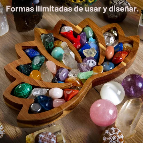 Miniatura 4 de Bandeja de Exhibición de Cristal Lotus – Muestra Tus Gemas, Piedras Curativas y Tesoros – Cuenco de Madera para Rocas de 11"x7", Soporte de Cristal