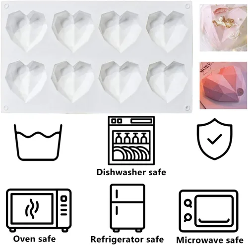 Miniatura 5 de Molde de silicona para pastel de chocolate con forma de corazón de diamante de 8 cuadrículas, molde de silicona para hornear, mousse, postre, 3D