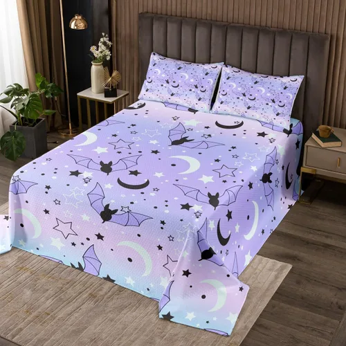 Miniatura 19 de Erosebridal Juego de colcha de murciélago de Halloween, tamaño individual, estrellas con purpurina y galaxia, para niños, decoración de Halloween