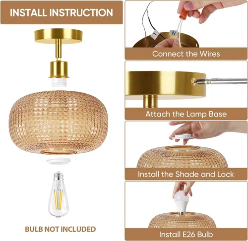 Miniatura 8 de ROTTOGOON Lámpara de techo semiempotrada, luces de techo inclinadas doradas ajustables con pantalla de vidrio ámbar, modernas lámparas de pasillo