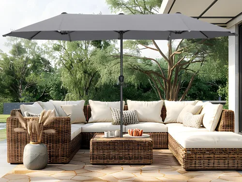 Miniatura 10 de PHI VILLA Sombrilla Grande de Patio de 13 Pies de Doble Cara Gemela para Mercado Exterior con Manivela, Beige