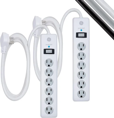 Miniatura 8 de GE Regleta de enchufes con protector contra sobretensiones, cable de extensión de 20 pies, extensor de 6 tomas, 800 joules, clavija plana, cubiertas
