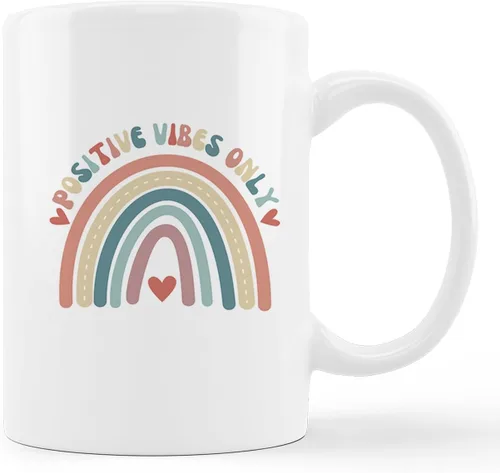 Taza de cerámica retro Groovy Positive Vibes Boho Rainbow Heart de 11 onzas, taza de té con leche con asa, regalos positivos para mujeres,