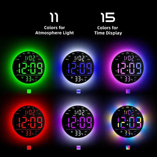 Miniatura 3 de EASYERA Reloj de pared digital grande de 10 pulgadas con control remoto, sincronización de música, luz de atmósfera RGB, baja reflectancia