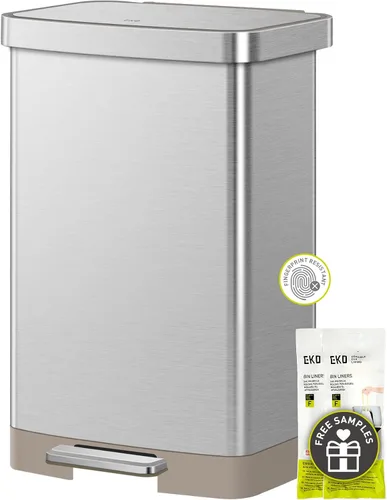 EKO Hudson - Bote de basura de acero inoxidable mate de 50 litros/13.2 galones con compartimento de almacenamiento trasero