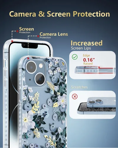 Miniatura 5 de SCORPIFY Funda para iPhone 13 con diseño floral de Nemophila azul, bonita funda transparente para teléfono con flores para mujeres y niñas