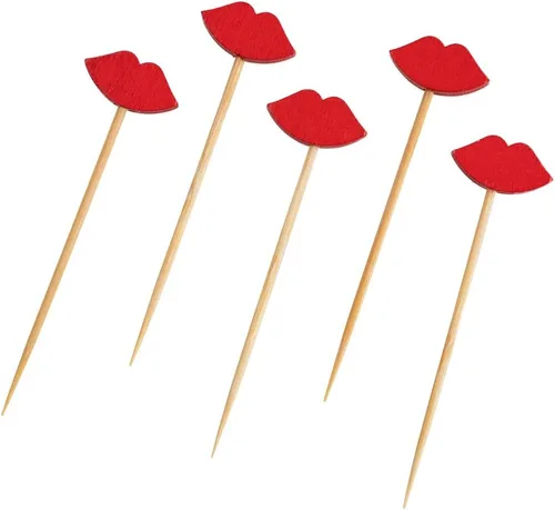 Miniatura 7 de Brochetas de cóctel de 2.75 pulgadas, 100 pinchos de aperitivo de labios sexys, puntiagudos, resistentes, palillos de dientes de bambú rojo