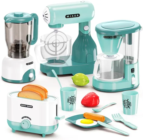 BRIGPICIOUS Juego de Accesorios de Cocina de Juguete para Niños, Kit de Utensilios de Cocina de Simulación - Licuadora, Cafetera, Mezclador,
