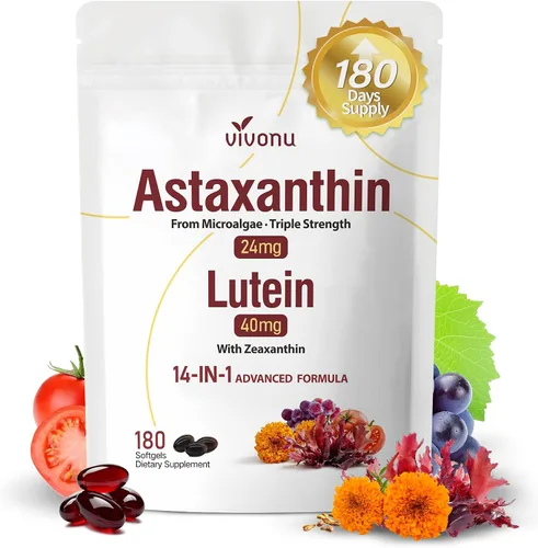 VivoNu Astaxantina 14 en 1 24 mg y luteína 40 mg con suplementos de zeaxantina, suministro para 6 meses, fuente de microalgas frescas, sin gluten,