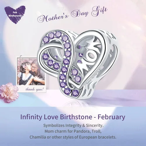 Miniatura 6 de VOROCO Sterling Silver Mom Charm Birthstone for Bracelets and Necklacesfront and back Consistent Infinity charms Heart for Mothers Birthday