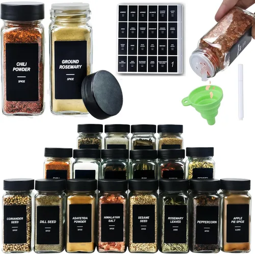 48 tarros de especias con etiquetas, botellas de condimento negras de 4 onzas con tapas agitadoras para estante, gabinete, cajón, macetas cuadradas