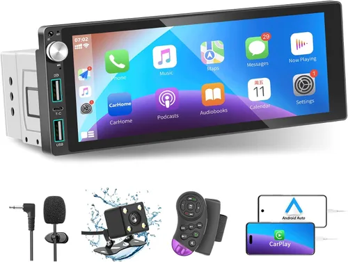 Estéreo de coche de un solo DIN con Apple Carplay Android Auto, pantalla táctil IPS de 6.9 pulgadas, receptores de audio para automóvil de 1 DIN con