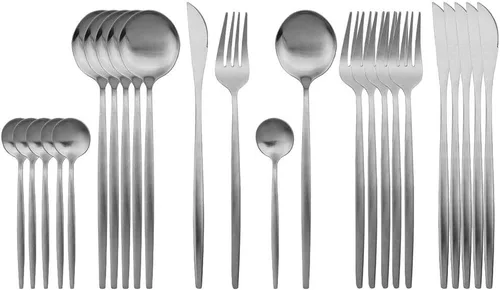 Miniatura 10 de JASHII Juego de cubiertos de 24 piezas con piezas de servir, utensilios de acero inoxidable, incluye cuchillo, tenedor/cuchara, acabado mate, apto
