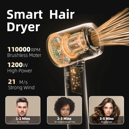 Miniatura 7 de Secador de pelo portátil, 110000 rpm, motor sin escobillas, secador de soplado iónico negativo para secado 5 veces más rápido, control térmico