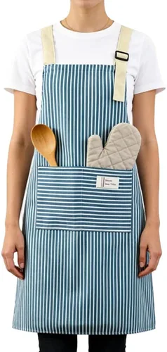 Miniatura 12 de Chef Apron Bib Apron with 2 Large Pockets Adjustable Neck Strap Kitchen Apron Cooking Apron Stripes Baking Apron