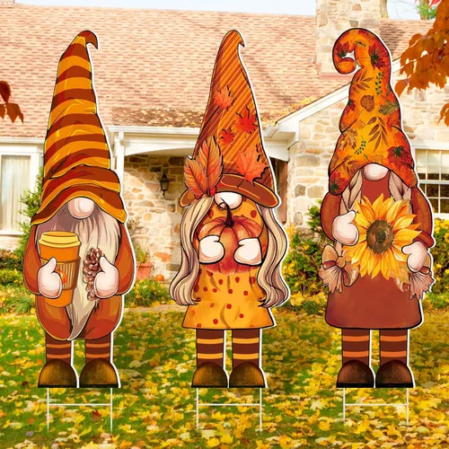 Miniatura 9 de Umigy 3 piezas de gnomo de otoño para decoración de patio con estacas de 32 x 10 pulgadas, decoración de jardín de otoño exterior para el hogar
