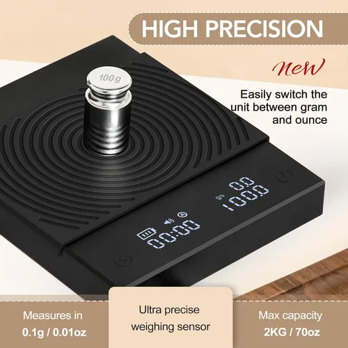 Miniatura 4 de Báscula de café TIMEMORE Basic 2.0 con temporizador, báscula de espresso de espejo negro con función de tasa de flujo, 2000g/0.1g de alta precisión