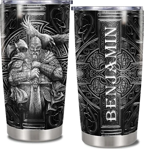 Miniatura 11 de Vaso vikingo personalizado estilo bandera de Estados Unidos, nombre personalizado, doble pared aislada al vacío, taza de 20 onzas, 30 onzas