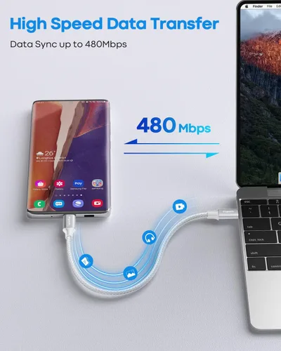 Miniatura 4 de etguuds Cable USB C a USB C blanco de 1 pie, paquete de 2 cables USBC a USBC de 60 W, cable de carga tipo C a C, cable de carga rápida para iPhone