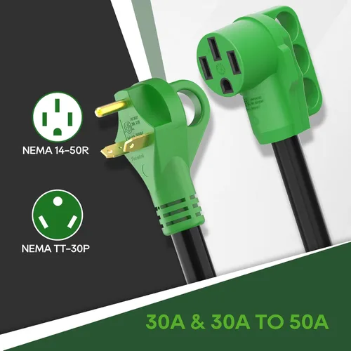 Miniatura 3 de RVGUARD - Cable adaptador Y para caravana con mango, dos enchufes machos TT-30 de 30 amperios a hembra 14-50 de 50 amperios, color verde
