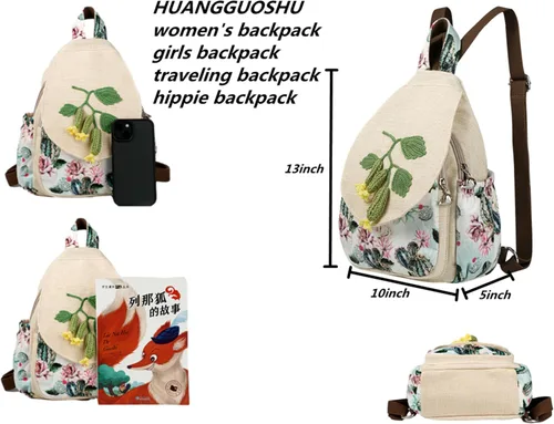 Miniatura 20 de HUANGGUOSHU Mochila de algodón tejida de algodón bohemio con bordado de lona estilo bohemio con múltiples bolsillos retro linda mochila cartera