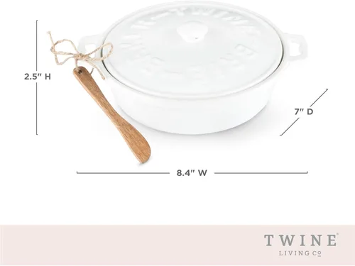 Miniatura 3 de Cazuela de queso Twine de cerámica con esparcidora de madera de acacia, cazuela de queso brie con tapa, cazuela para hornear queso brie, utensílios