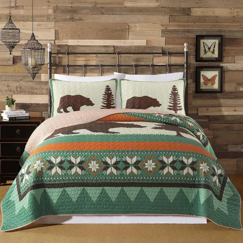 Soul & Lane Juego de ropa de cama rústico para cabaña con diseño de oso - Tamaño individual con 1 funda, ropa de cama para cabaña en la naturaleza