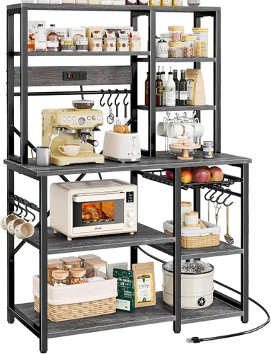 Miniatura 14 de SUPERJARE Estante grande de panadería con tomas de corriente, soporte para microondas de 6 niveles, barra de café con 12 ganchos en forma de S