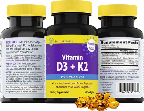 Miniatura 8 de InnovixLabs Vitamina D3 K2-5000 IU Vitamina D3 Plus 600 mcg Vitamina K2 MK4 y MK7 para la máxima absorción de calcio, apoya la salud ósea, inmune
