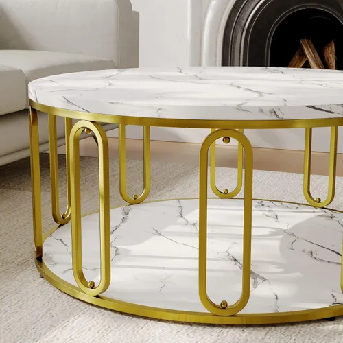 Miniatura 9 de Mesa de café redonda, mesa de madera con patrón de mármol y almacenamiento abierto redondo, patas sólidas de metal dorado para sala de estar